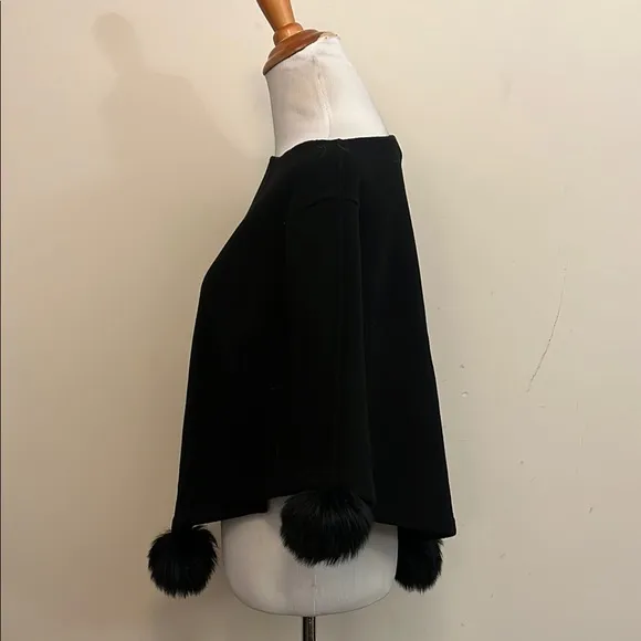 Henri Bendel NWT Black Poncho Shawl with Furry Pom Pom Trim One Size