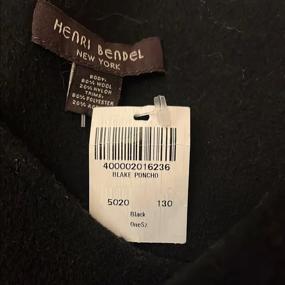 Henri Bendel NWT Black Poncho Shawl with Furry Pom Pom Trim One Size