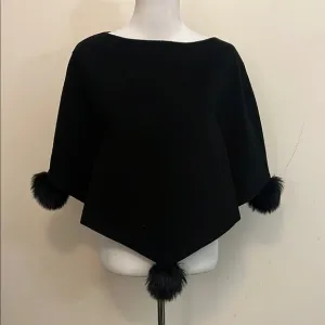 Henri Bendel NWT Black Poncho Shawl with Furry Pom Pom Trim One Size