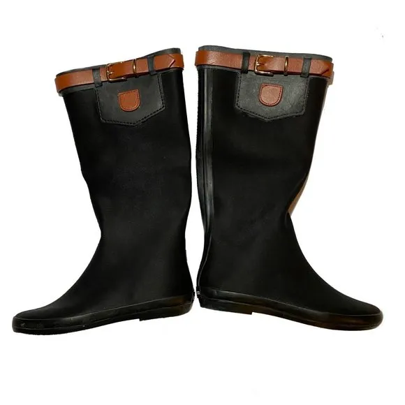 Henry Ferrera New York Women’s Rain Boots Size 7 Leather Top Black Brown