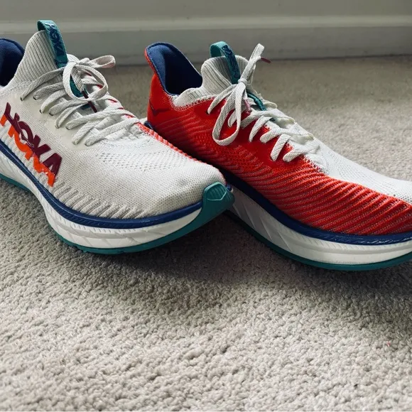 Hoka “Carbon X” White and Orange Running Shoes