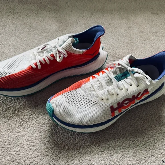 Hoka “Carbon X” White and Orange Running Shoes