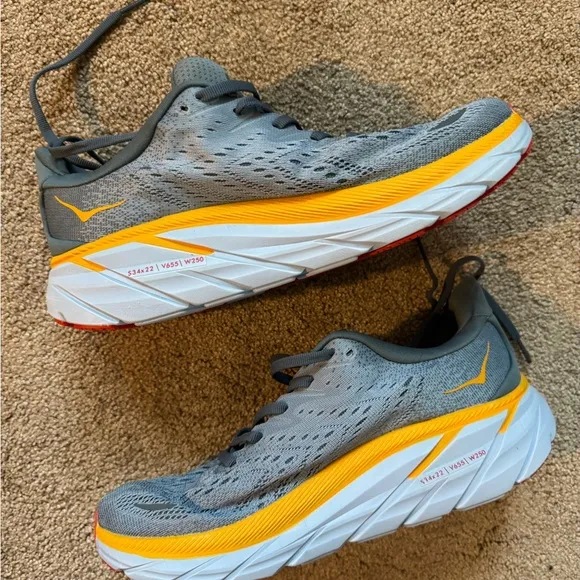 Hoka CLIFTON 8 (size 8.5) Gray and Yellow Running Shoes