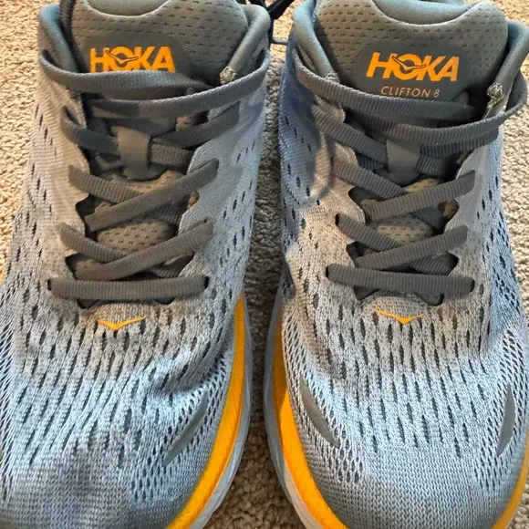Hoka CLIFTON 8 (size 8.5) Gray and Yellow Running Shoes