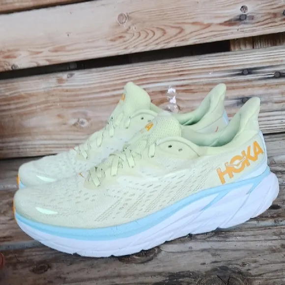 Hoka Clifton 8  Yellow and Blue Athletic Shoes with Signature Cushioning