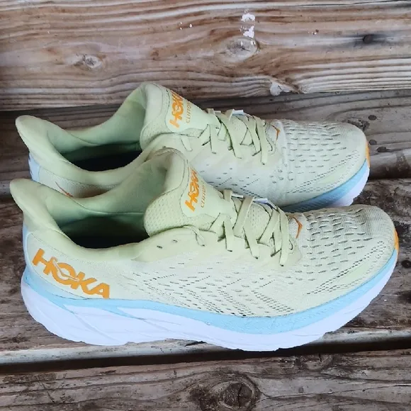 Hoka Clifton 8  Yellow and Blue Athletic Shoes with Signature Cushioning