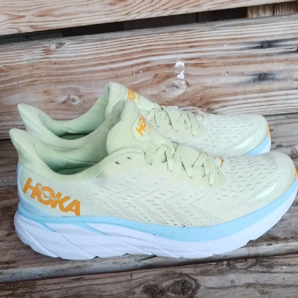 Hoka Clifton 8  Yellow and Blue Athletic Shoes with Signature Cushioning