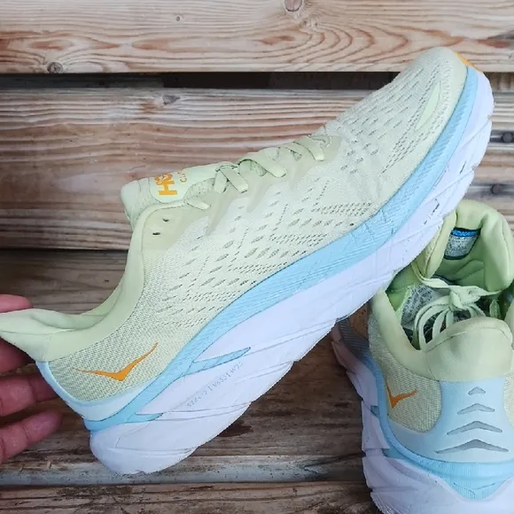 Hoka Clifton 8  Yellow and Blue Athletic Shoes with Signature Cushioning