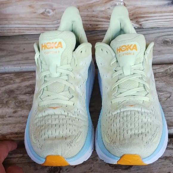 Hoka Clifton 8  Yellow and Blue Athletic Shoes with Signature Cushioning