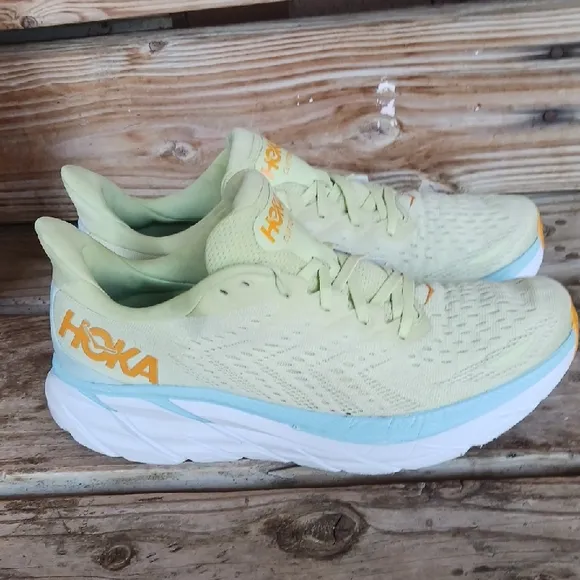 Hoka Clifton 8  Yellow and Blue Athletic Shoes with Signature Cushioning