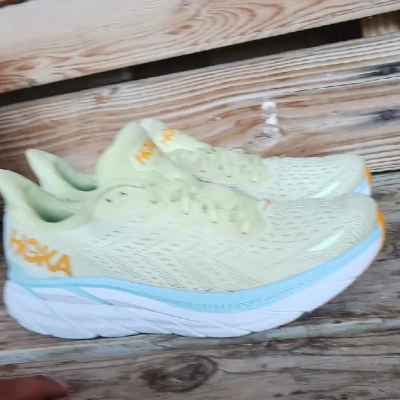 Hoka Clifton 8  Yellow and Blue Athletic Shoes with Signature Cushioning