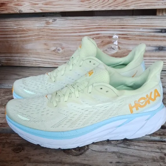 Hoka Clifton 8  Yellow and Blue Athletic Shoes with Signature Cushioning