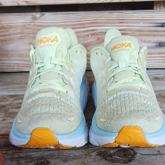 Hoka Clifton 8  Yellow and Blue Athletic Shoes with Signature Cushioning