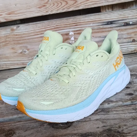 Hoka Clifton 8  Yellow and Blue Athletic Shoes with Signature Cushioning