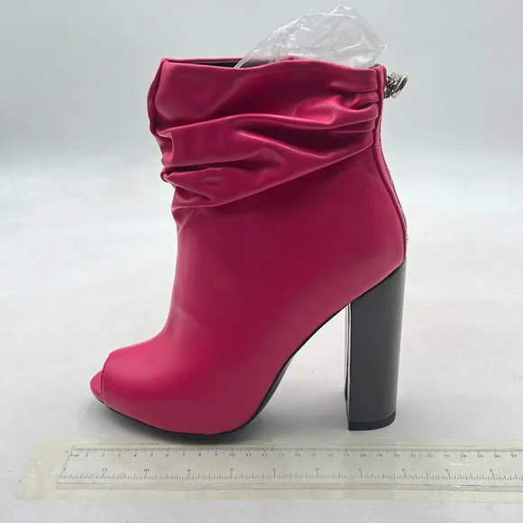 Hot Pink Women Stylish Peep Toe Slouch Ankle Boots Chunky Stacked Heels Shoes