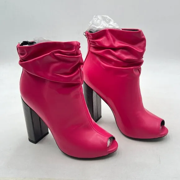 Hot Pink Women Stylish Peep Toe Slouch Ankle Boots Chunky Stacked Heels Shoes