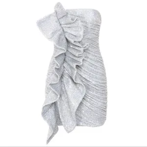 House of CB London Grace Strapless Silver Sequins Bodycon Ruffled Dress