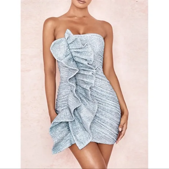 House of CB London Grace Strapless Silver Sequins Bodycon Ruffled Dress
