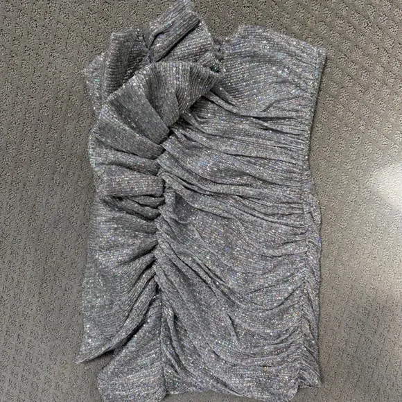 House of CB London Grace Strapless Silver Sequins Bodycon Ruffled Dress