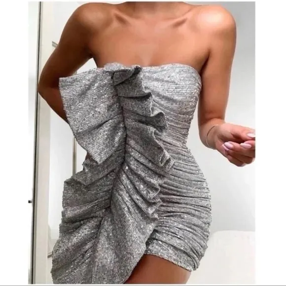 House of CB London Grace Strapless Silver Sequins Bodycon Ruffled Dress