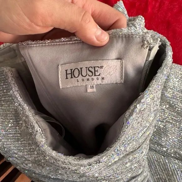 House of CB London Grace Strapless Silver Sequins Bodycon Ruffled Dress