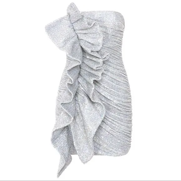 House of CB London Grace Strapless Silver Sequins Bodycon Ruffled Dress