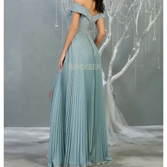 Hunter green or blue off the should floor length dress