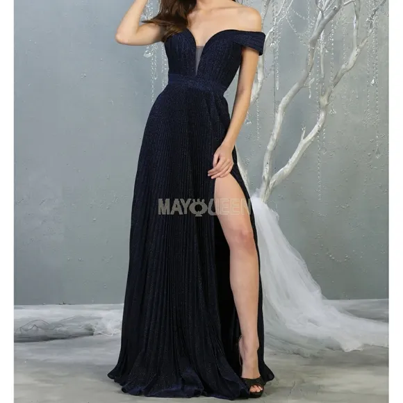 Hunter green or blue off the should floor length dress