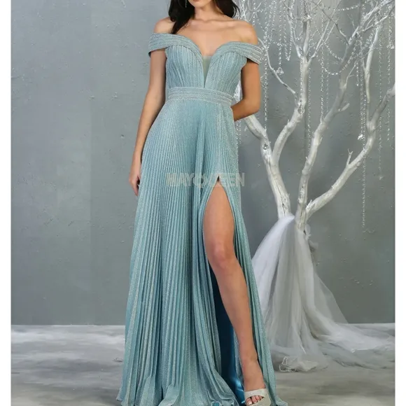 Hunter green or blue off the should floor length dress