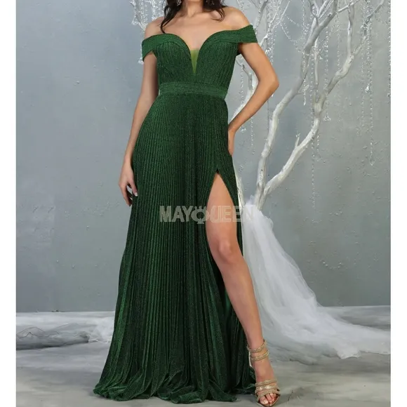 Hunter green or blue off the should floor length dress