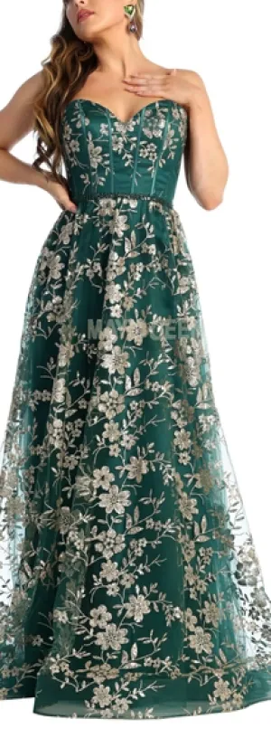 Hunter green, rose gold..Strapless long floral glitter pattern beaded gown