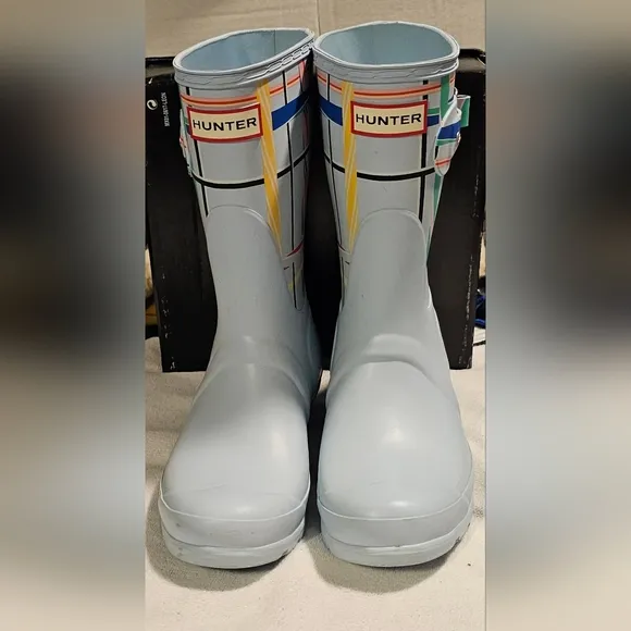 Hunter Original Short Rain Boots Rock Tartan Boat Blue, US Women's Size 7 NEW