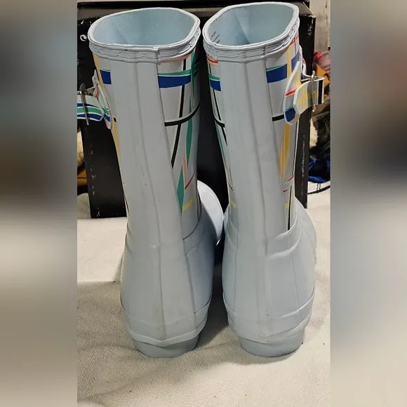 Hunter Original Short Rain Boots Rock Tartan Boat Blue, US Women's Size 7 NEW