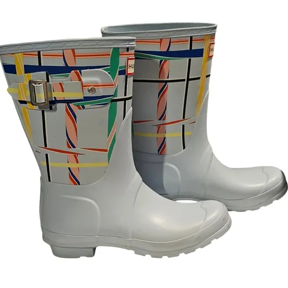 Hunter Original Short Rain Boots Rock Tartan Boat Blue, US Women's Size 7 NEW