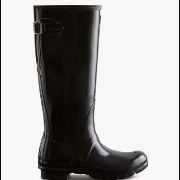 Hunter Original Tall Back Adjustable Gloss Rain Boots in Black, size 5