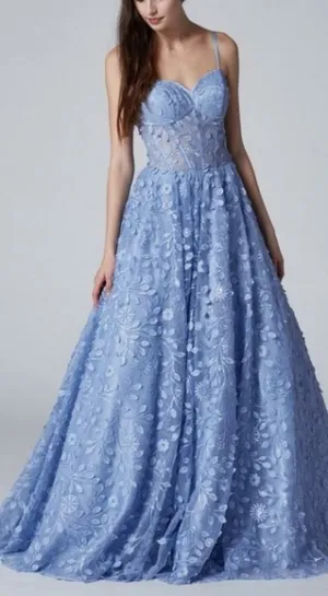 Ice blue floor length corset beaded ball gown