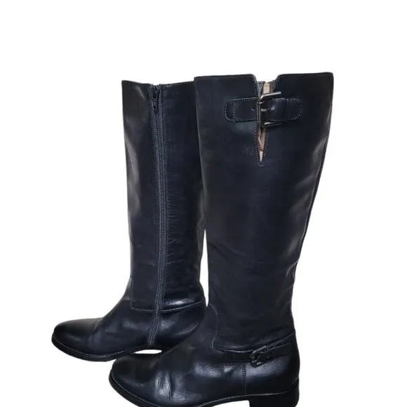 Italian Goth Black Leather Moto Riding Knee High Calf Boots Women's US 7.5