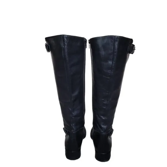 Italian Goth Black Leather Moto Riding Knee High Calf Boots Women's US 7.5