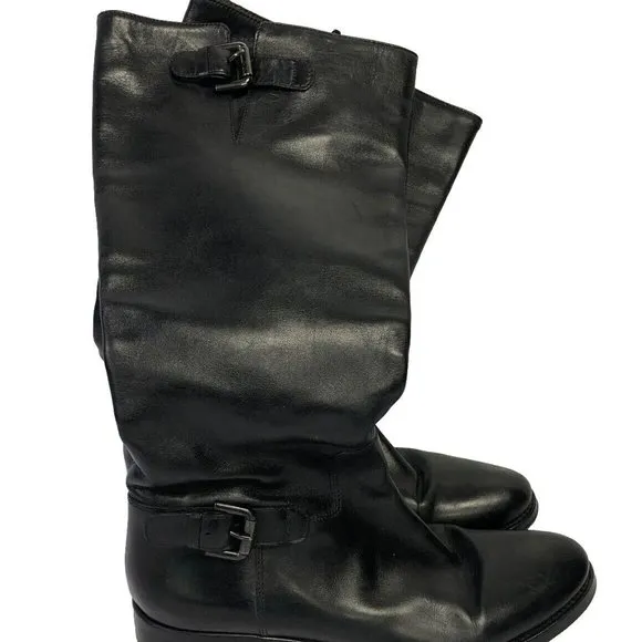 Italian Goth Black Leather Moto Riding Knee High Calf Boots Women's US 7.5