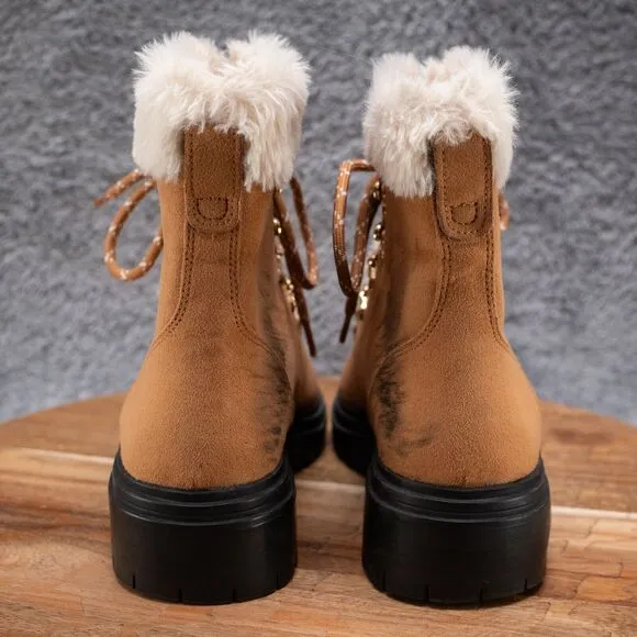 J. Crew Boots Womens 7.5 Faux Fur Winter Hiking Outdoor Ankle Shoes Chestnut