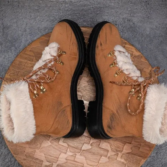 J. Crew Boots Womens 7.5 Faux Fur Winter Hiking Outdoor Ankle Shoes Chestnut
