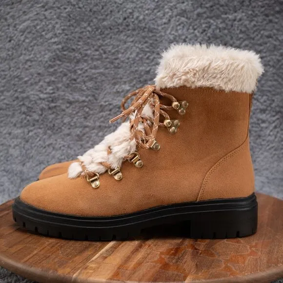 J. Crew Boots Womens 7.5 Faux Fur Winter Hiking Outdoor Ankle Shoes Chestnut