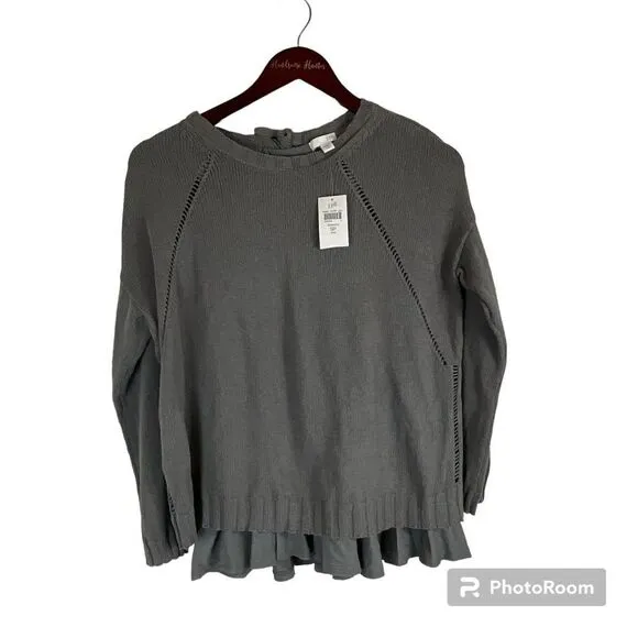 J Jill Sweater SP Petite Gray Cotton Overlay Back Tie Dolman Sleeve Pullover N3