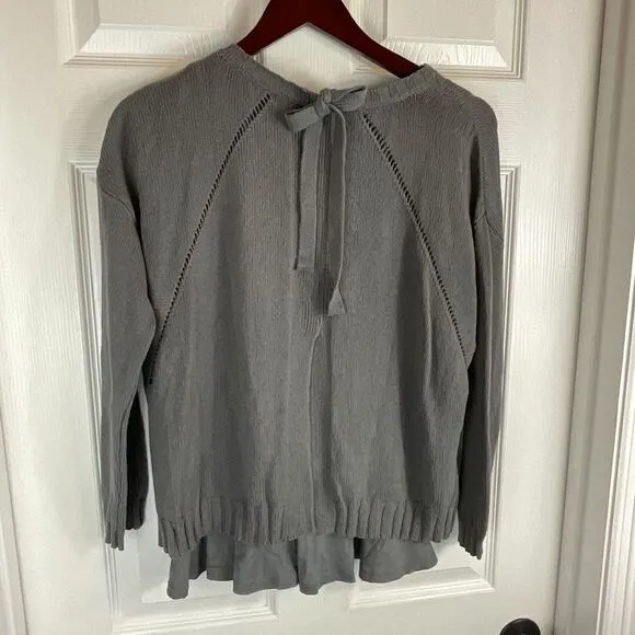 J Jill Sweater SP Petite Gray Cotton Overlay Back Tie Dolman Sleeve Pullover N3