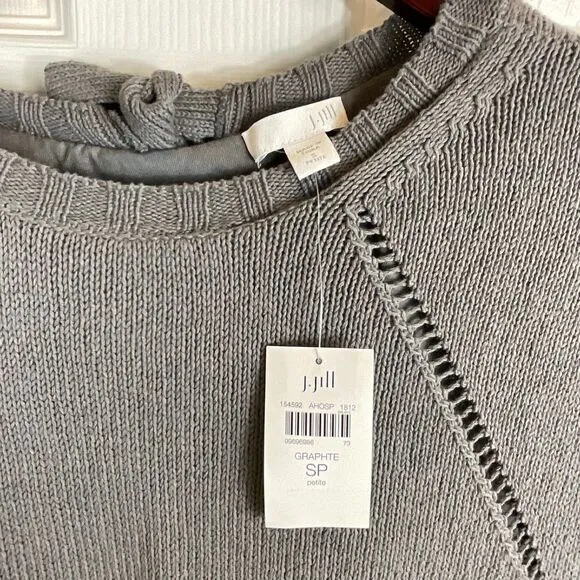 J Jill Sweater SP Petite Gray Cotton Overlay Back Tie Dolman Sleeve Pullover N3
