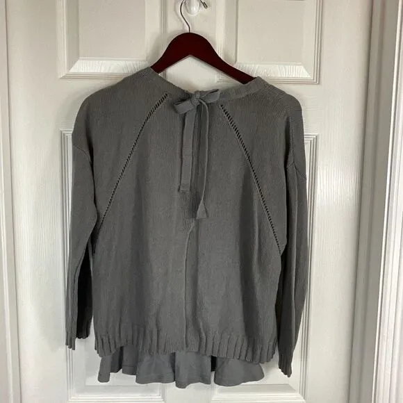 J Jill Sweater SP Petite Gray Cotton Overlay Back Tie Dolman Sleeve Pullover N3