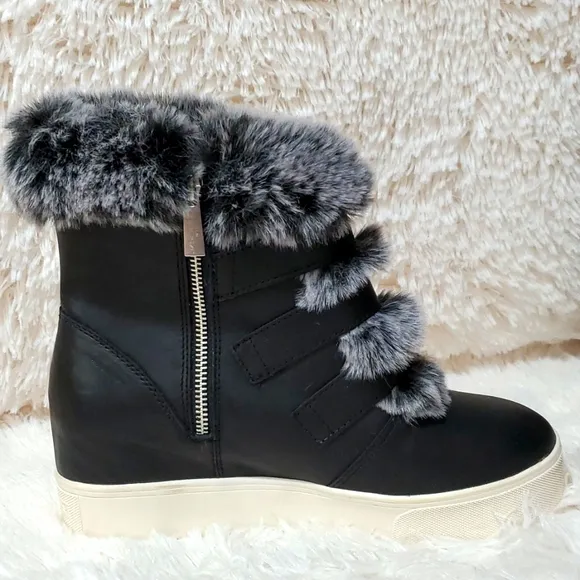 J Slides Leather Winter Boots Faux Fur Waterproof Wedge Size 8.5 NWT