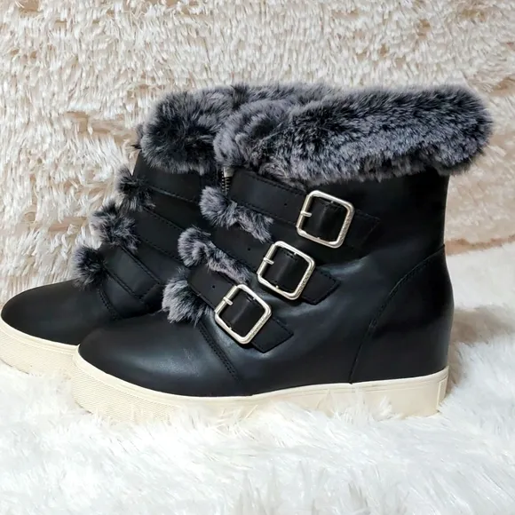 J Slides Leather Winter Boots Faux Fur Waterproof Wedge Size 8.5 NWT
