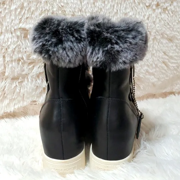 J Slides Leather Winter Boots Faux Fur Waterproof Wedge Size 8.5 NWT