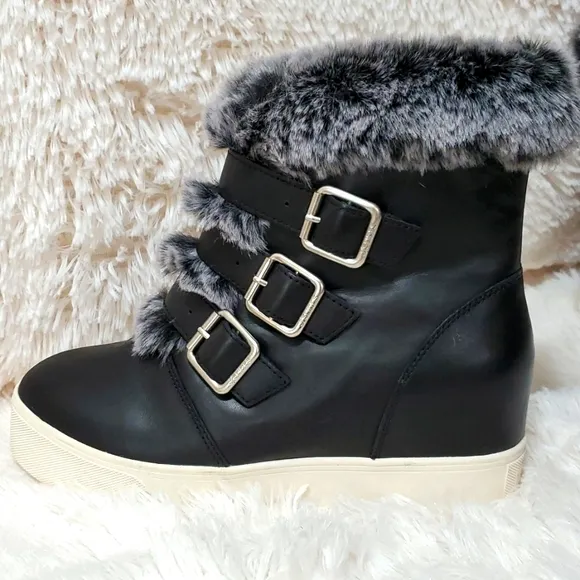 J Slides Leather Winter Boots Faux Fur Waterproof Wedge Size 8.5 NWT
